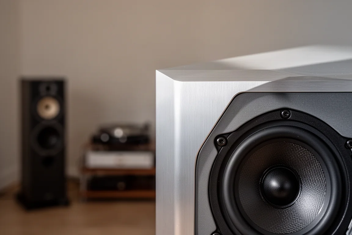 Close detail of a machined aluminium speaker cabinet edge and driver surround