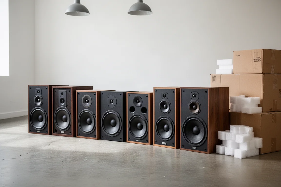 Several pairs of used speakers lined up on a concrete floor with packing boxes