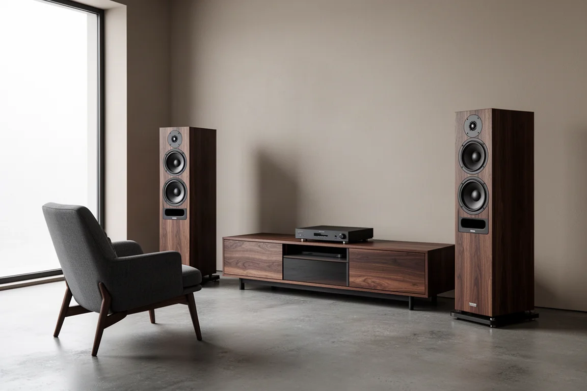 Pair of floorstanding tower speakers in a modern listening room with soft daylight
