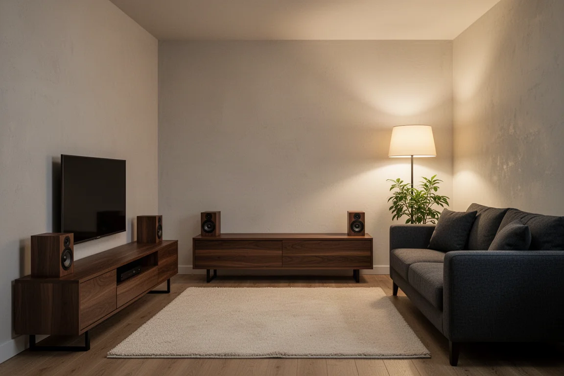 Litet lägenhetsvardagsrum med en kompakt hi-fi-anläggning placerad mot väggen