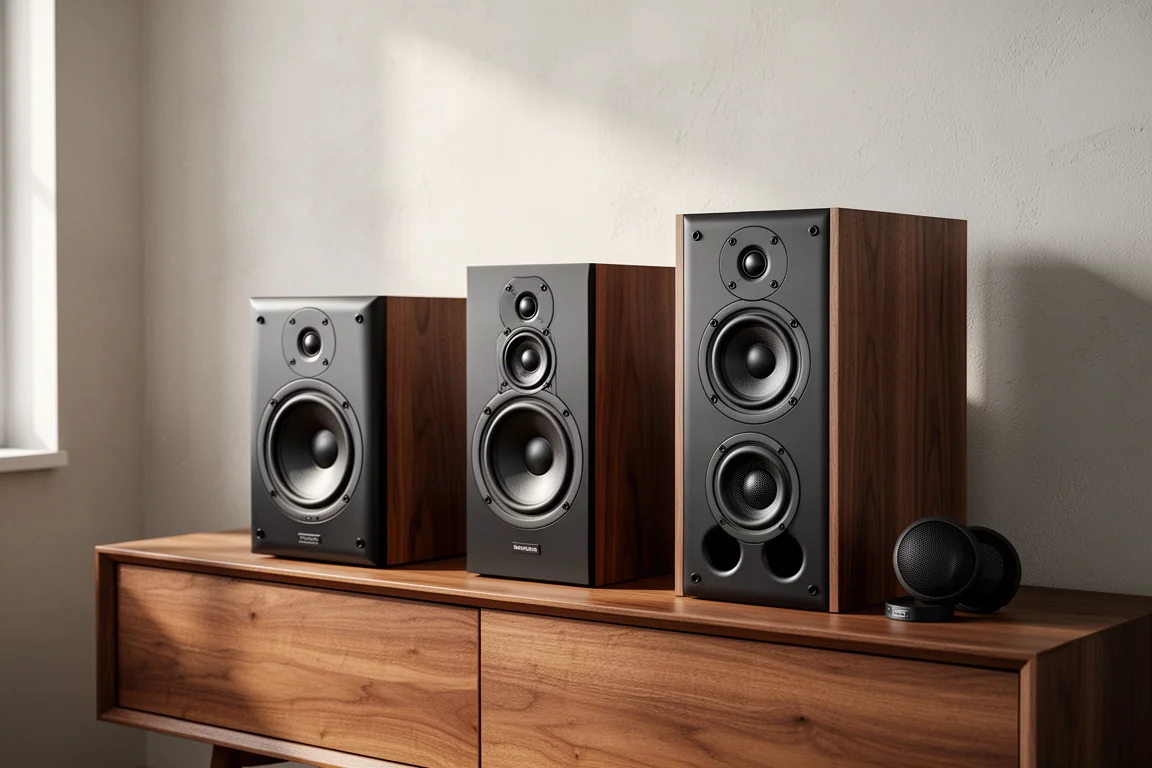 Three bookshelf speakers arranged on a wooden sideboard against a plaster wall