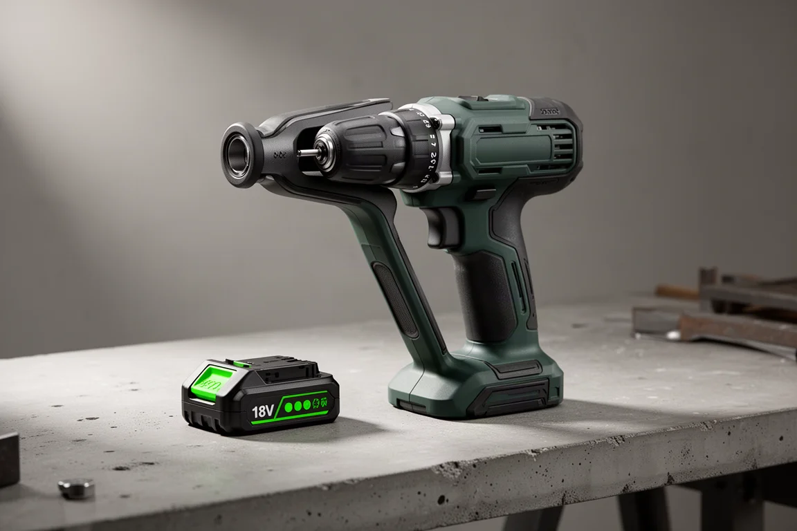 Spec 3 cordless drill with battery pack on a concrete workshop bench