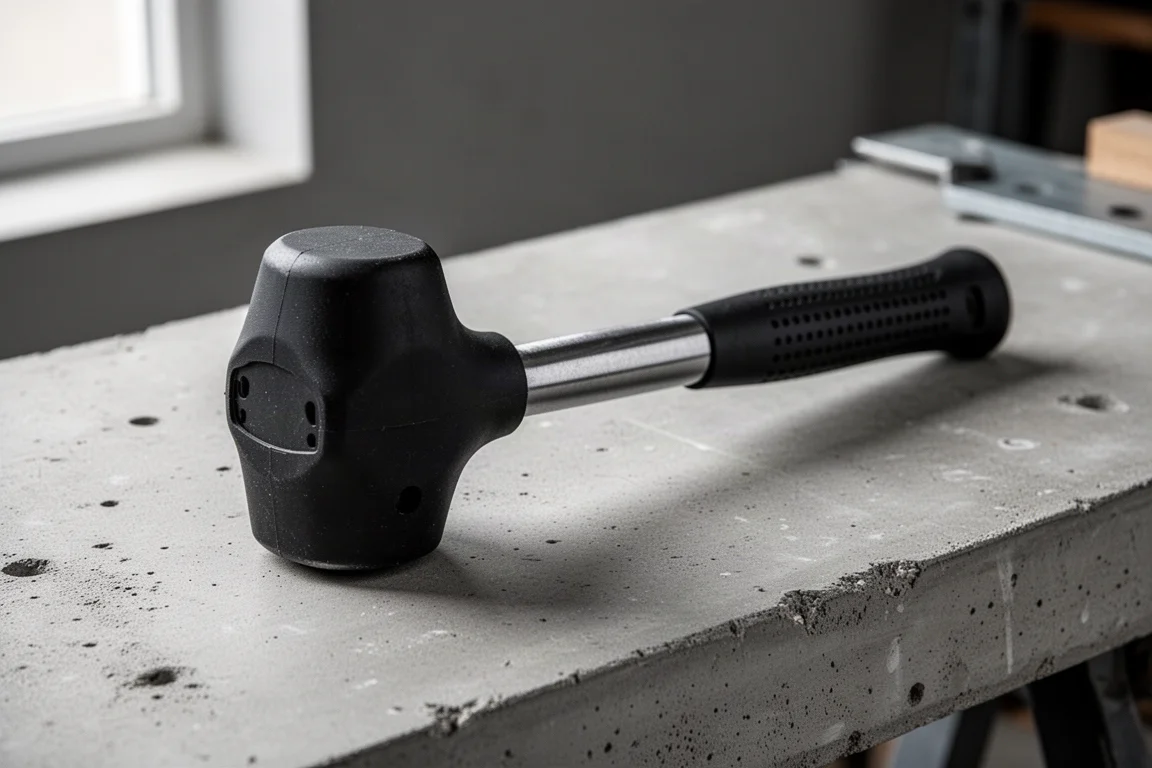 Black rubber mallet cover fitted on a framing hammer head on a concrete workbench