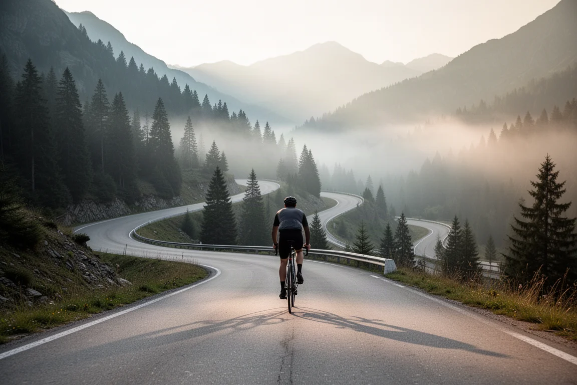Ciclista visto da dietro mentre sale un passo di montagna nella nebbia alle prime luci