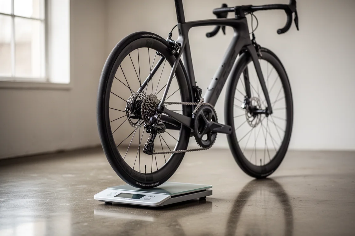 Bici da strada in carbonio appoggiata su una bilancia digitale in un'officina luminosa