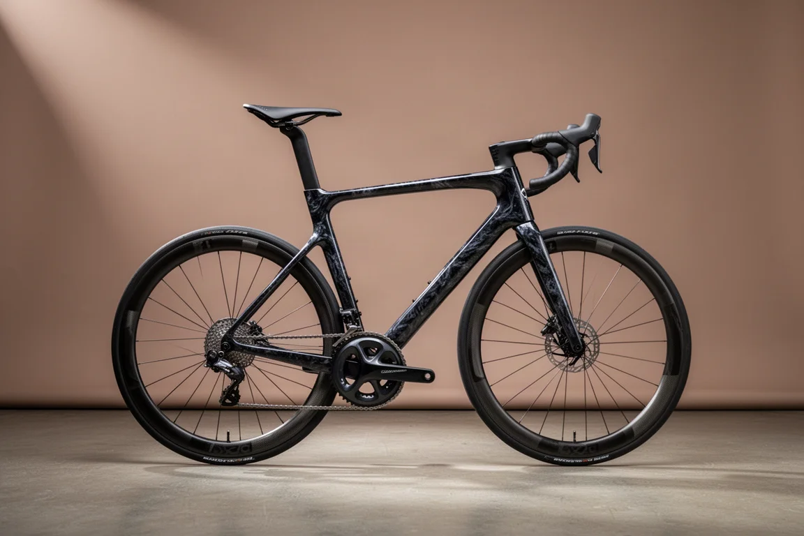 Lightweight carbon road bike photographed side-on against a warm grey studio backdrop