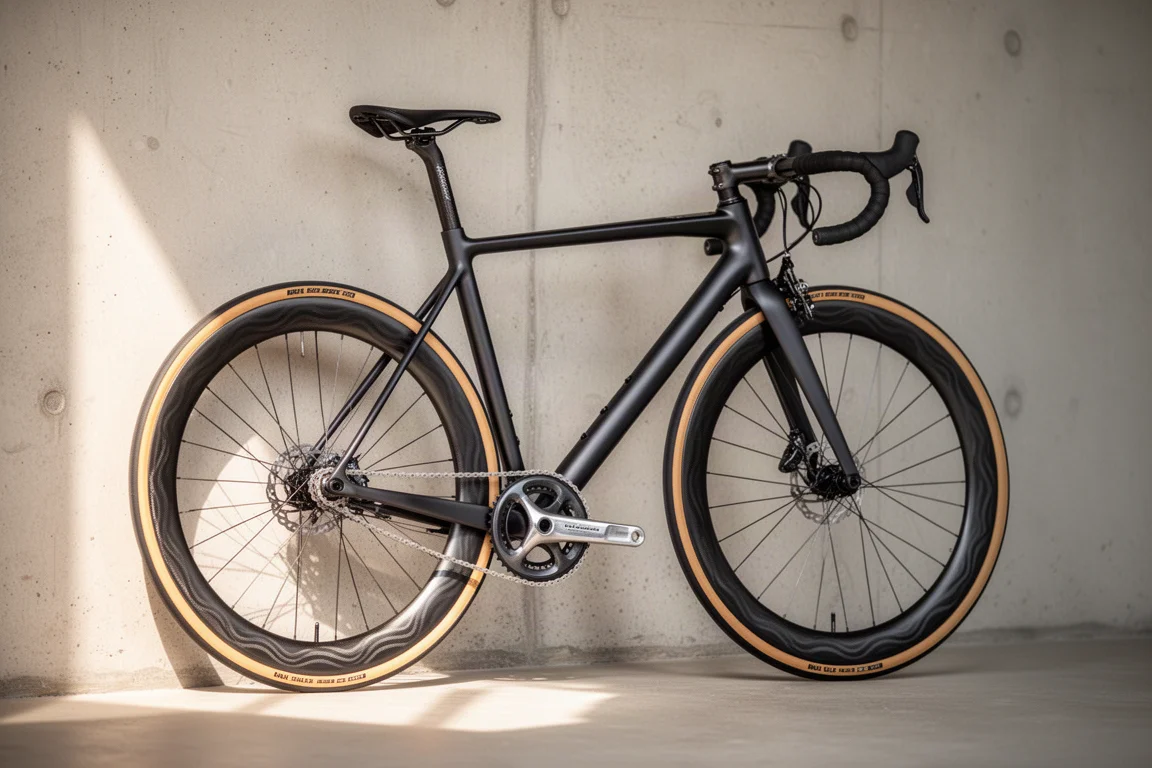 Instapracefiets met diepe carbonwielen en banden met bruine wangen tegen een betonnen muur