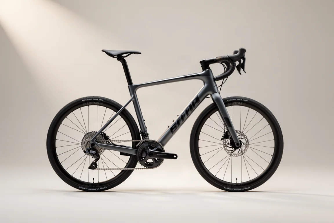 Aluminium road bike with disc brakes and slim tires photographed at a three-quarter angle