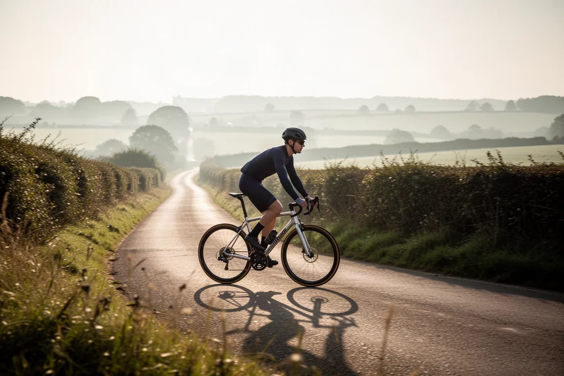 Cycliste sur route roulant sur un vélo de route en alliage sur une petite route de campagne dans une lumière matinale douce