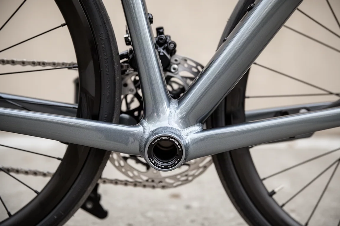Détail du cadre d'un vélo de route en alliage montrant des soudures lisses et un étrier de frein à disque hydraulique