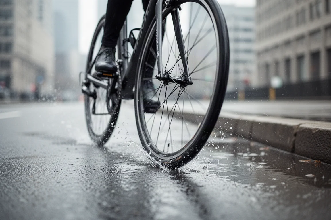 Gros plan sur une roue et un pneu de vélo de route sur asphalte urbain mouillé avec des projections