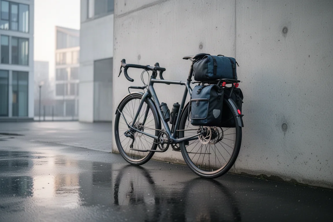 Vélo de route de ville avec garde-boue et porte-bagages arrière garé devant un bâtiment urbain