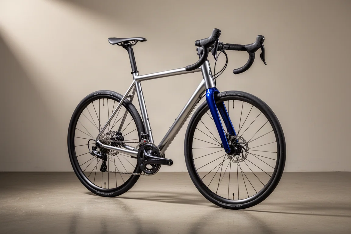 マットなコンクリート床の上で横から見た Specialized Allez Sport アルミロードバイク