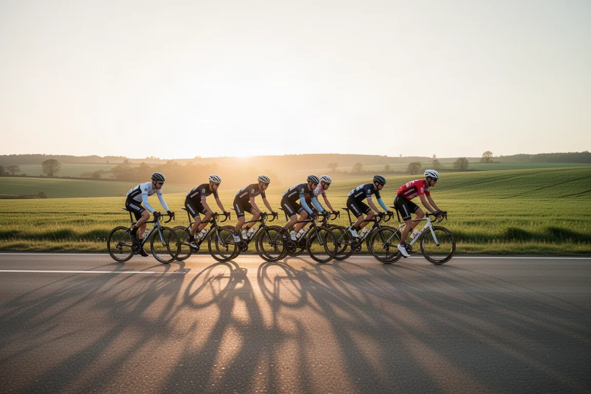 Wielrenners in een paceline op een open landweg tijdens het gouden uur