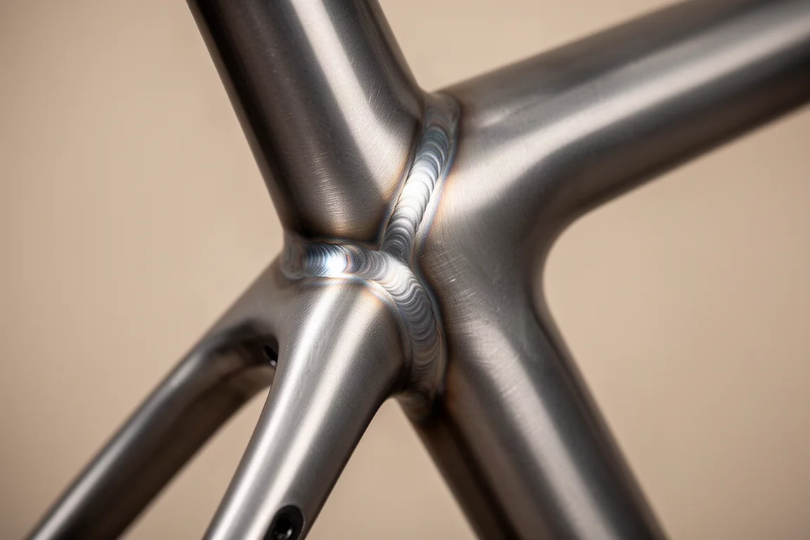 Close-up van de bottom bracket-verbinding van een hydrogevormd aluminium fietsframe