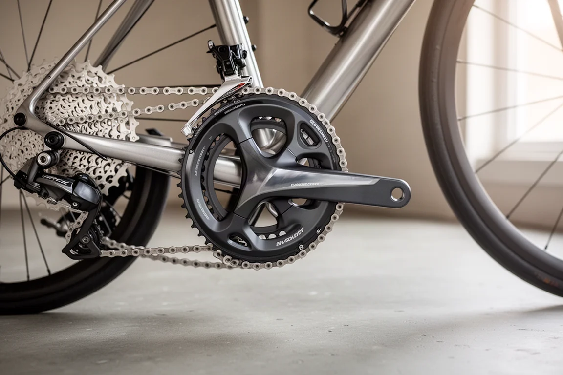 Flat-lay van een wegfietscockpit, kabels en een brede wegband op beton