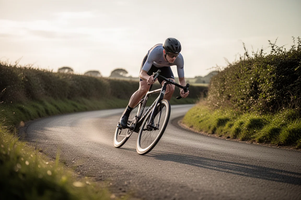 Kaal aluminium fietsframe in een werkplaatsstandaard naast losse componenten