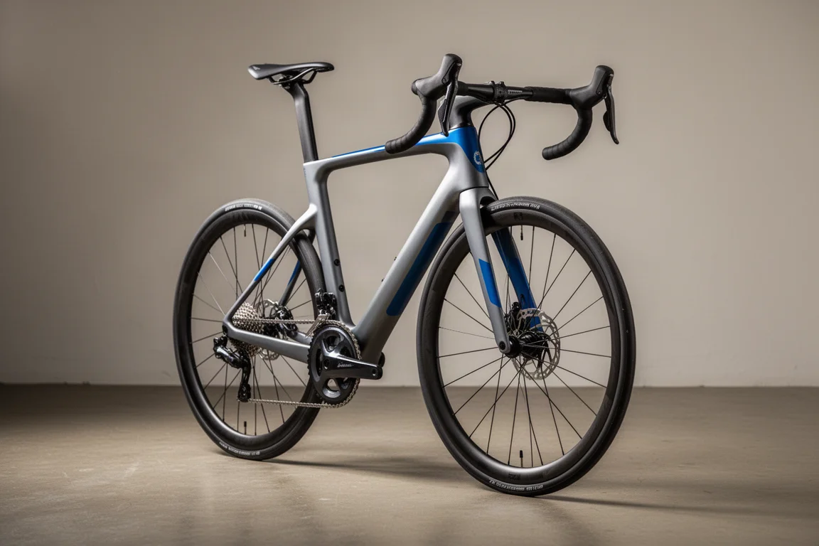Aluminium road racing bicycle with watercolour-style paint on a neutral grey backdrop