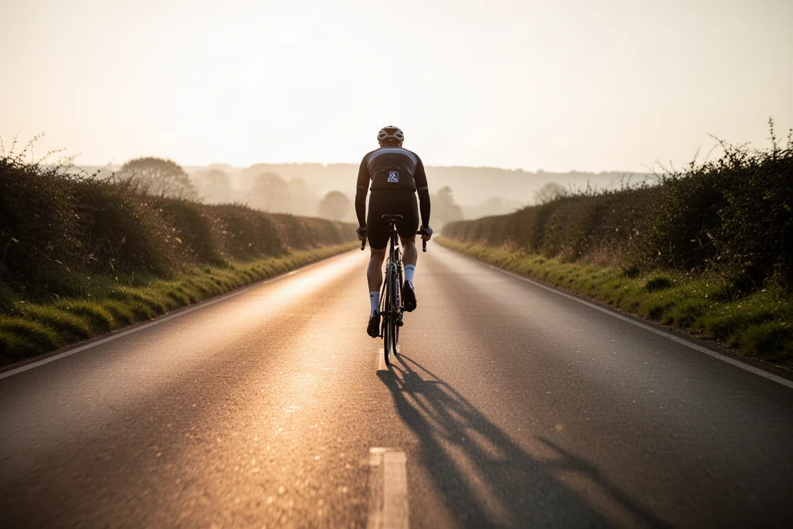 Rennradfahrer auf einer langen, offenen Straße zur goldenen Stunde, von hinten gesehen