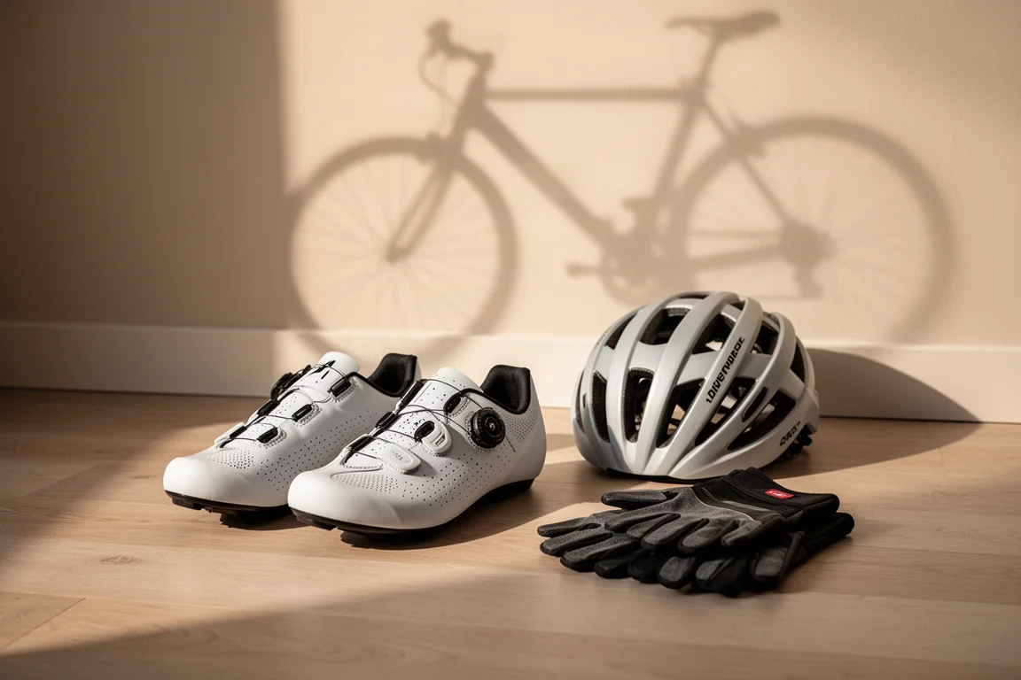 Ein Paar Radschuhe neben Helm und Handschuhen auf einem Holzboden vor der Ausfahrt