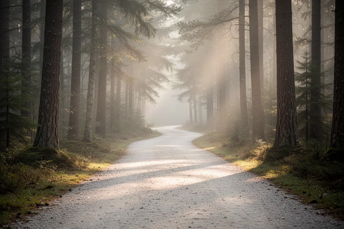 Leerer Gravel-Waldweg im Morgengrauen mit Nebel zwischen hohen Bäumen und einem weichen Sonnenstrahl