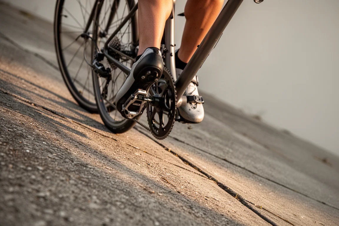 Nahaufnahme der Unterschenkel und Kurbeln eines Radfahrers bei der Auffahrt auf eine steile, sonnige Betonstraße