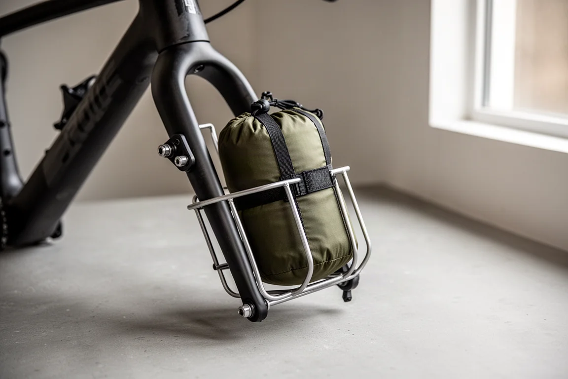 Gravelbike-Gabel mit Anything Cage und kleinem Drybag, befestigt auf neutralem Untergrund