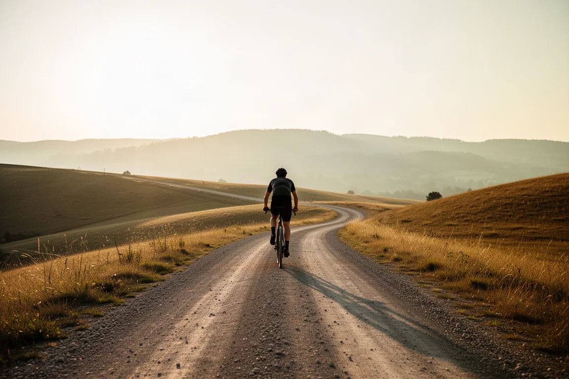 Radfahrer auf dem Kamm einer welligen Gravelstraße zur goldenen Stunde mit offener Hügellandschaft dahinter