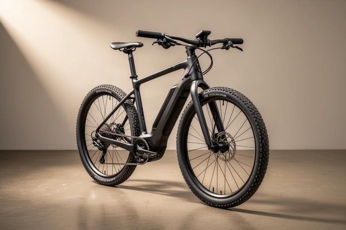 コンクリート床の上に置かれた軽量カーボンドロップバー電動グラベルバイクの斜め前からの眺め