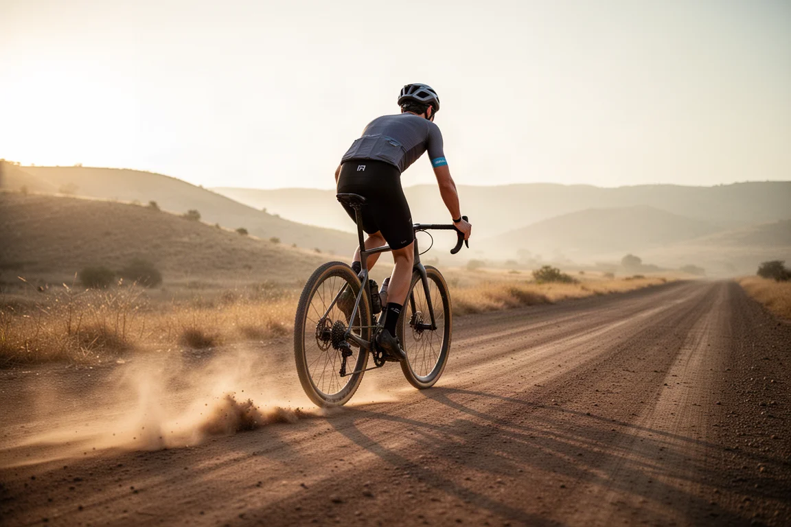 Group of gravel cyclists riding a wide sandy gravel road in warm morning light