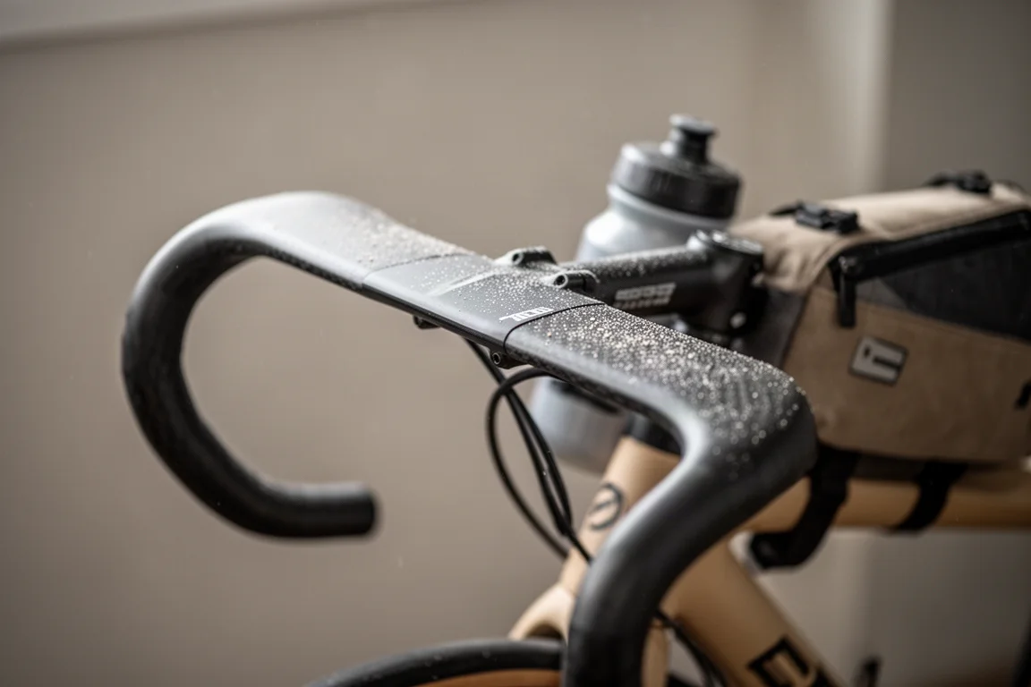 Close-up of a wide gravel tire seated in a carbon frame with generous clearance