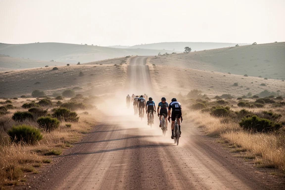 Gravel rider climbing a dusty uphill track at golden hour
