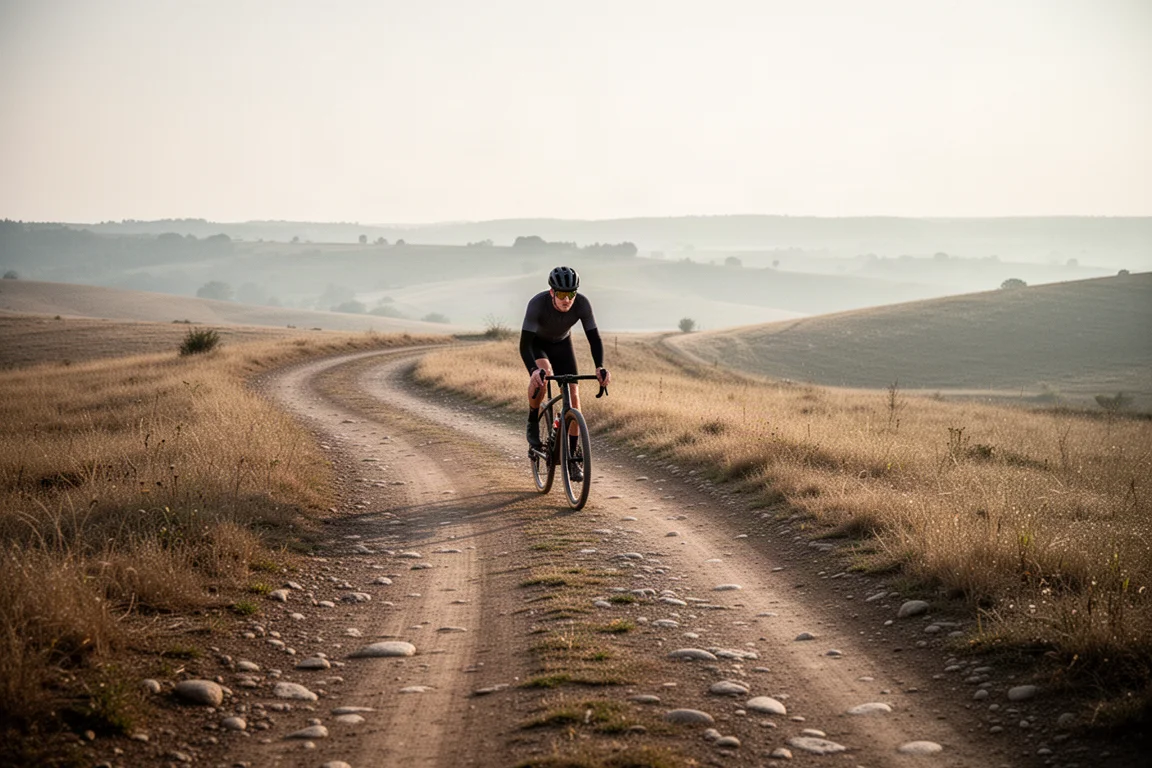 Gravel cyclist riding a winding dirt road through open countryside in morning light