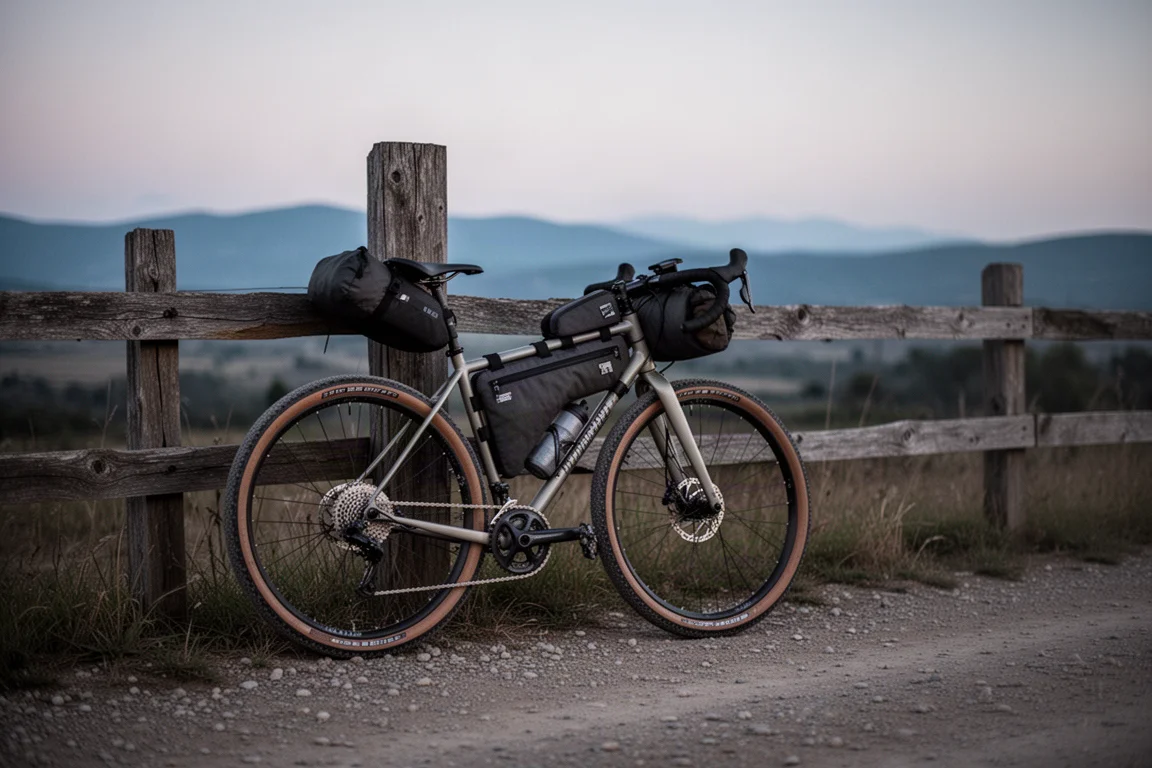 Gravel bike loaded with bikepacking bags on a remote track at dusk