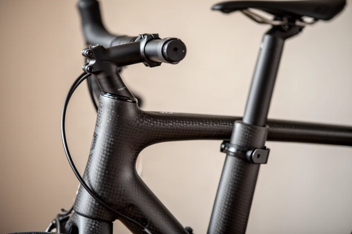 Close-up of a round tubed gravel bike frame and external cable routing near the head tube