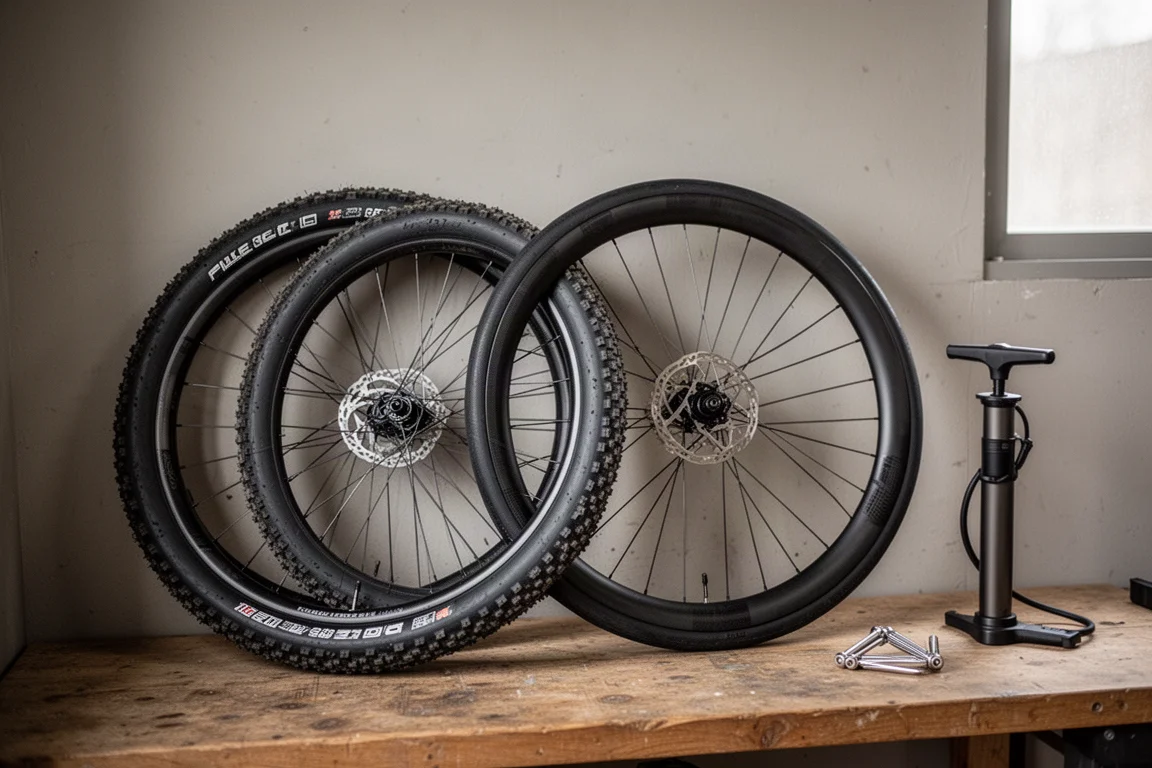 Two sets of bicycle wheels with gravel and slick tires leaning against a workshop wall