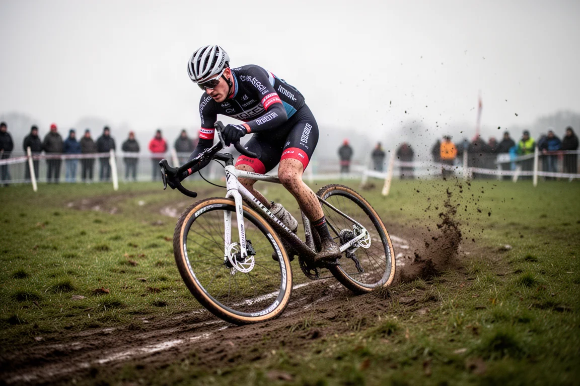 Cyclocross racer leaning a bike through a muddy corner on a fast grass course