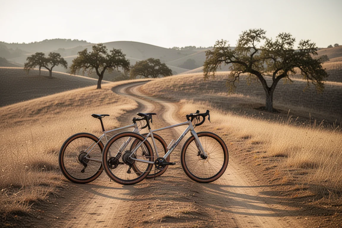 Gravel bike on a dusty mountain track with rolling hills and dry grass