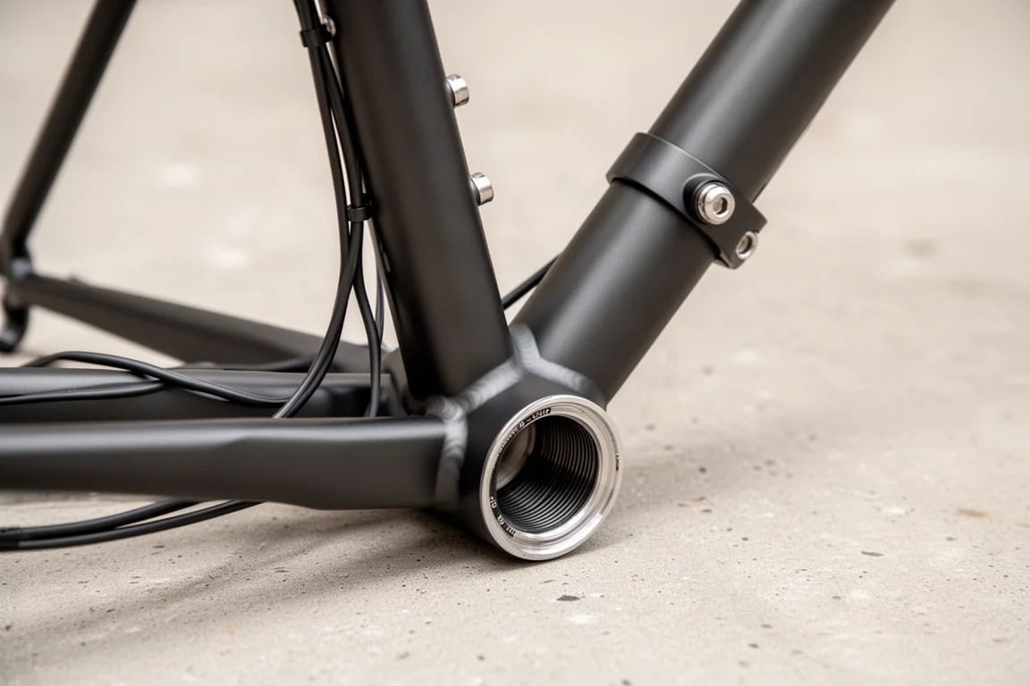 Close-up of a threaded bottom bracket and external seat clamp on a bike frame