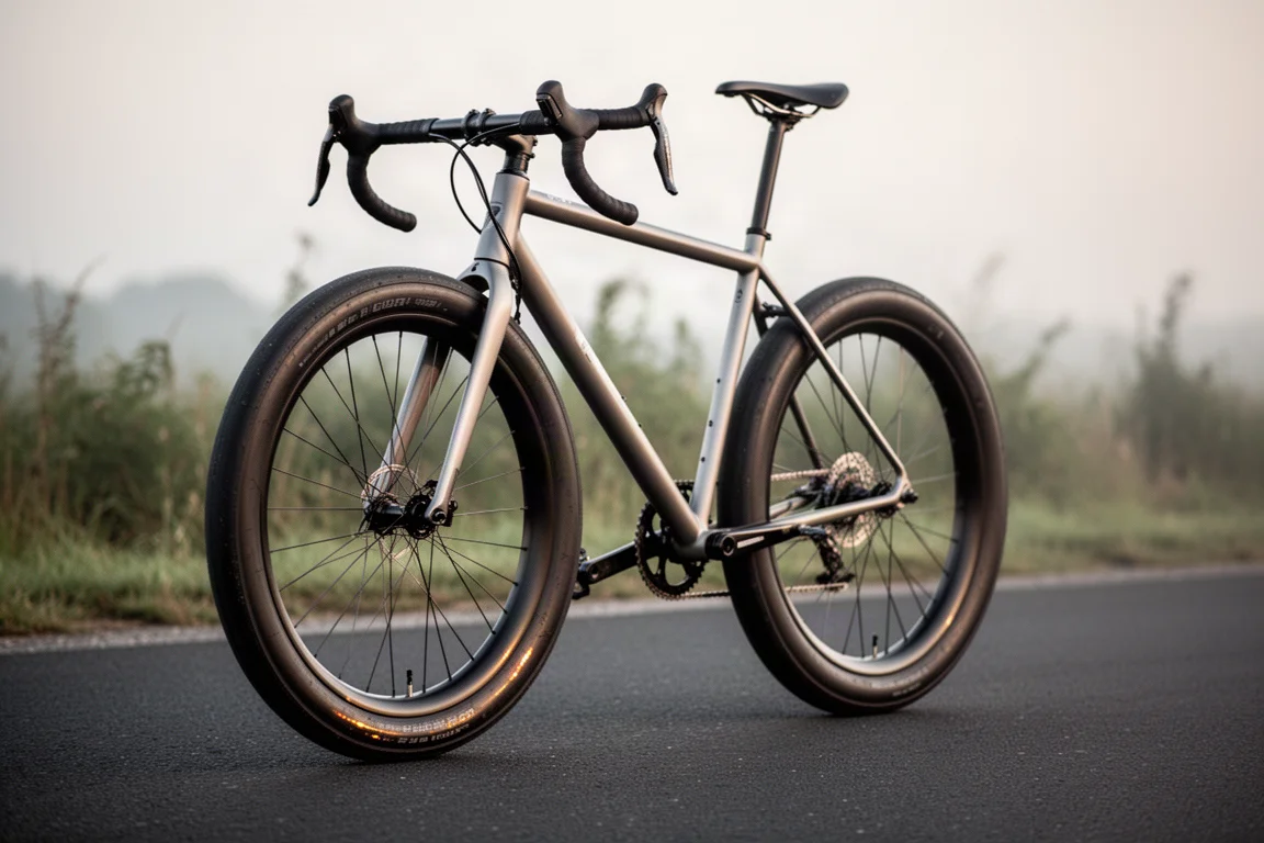 Wide tires fitted to a drop-bar bike with generous frame clearance on tarmac