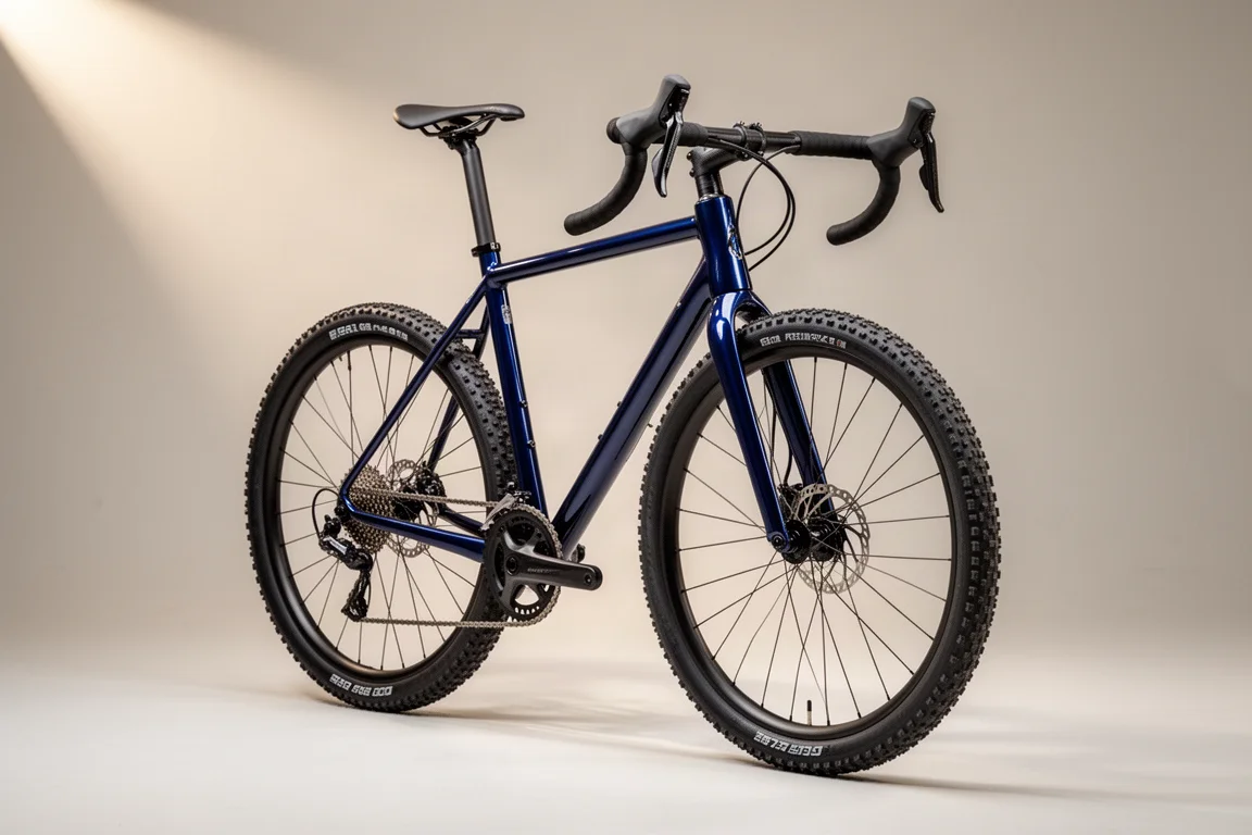 Lightweight carbon cyclocross and gravel bike with drop bars and 45mm knobby tires on a grey backdrop