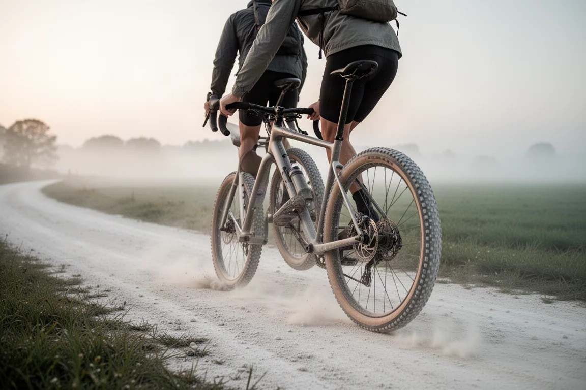 Cyclist riding a wide-tire gravel bike along a chalky farm road at first light