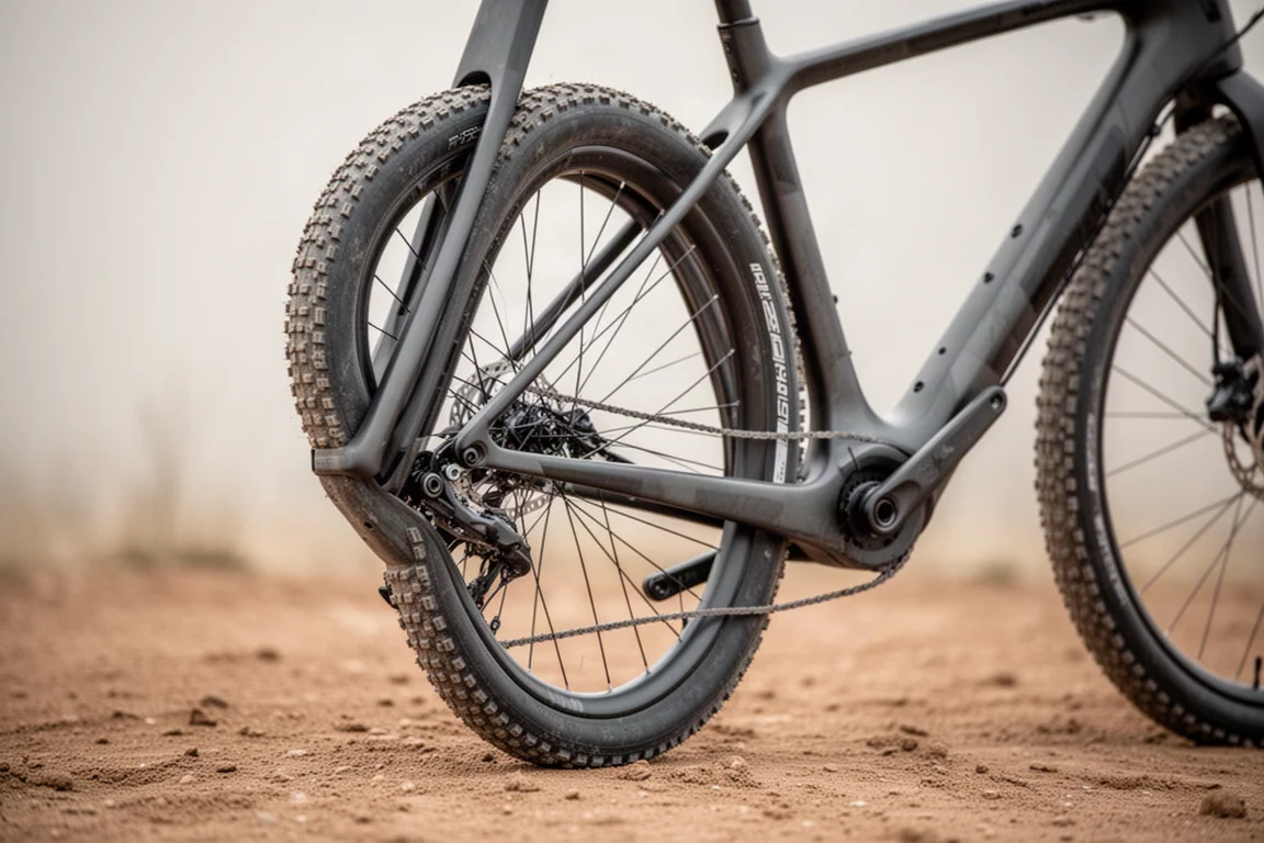 Close-up of a carbon gravel frame rear triangle with a wide knobby tire and generous clearance