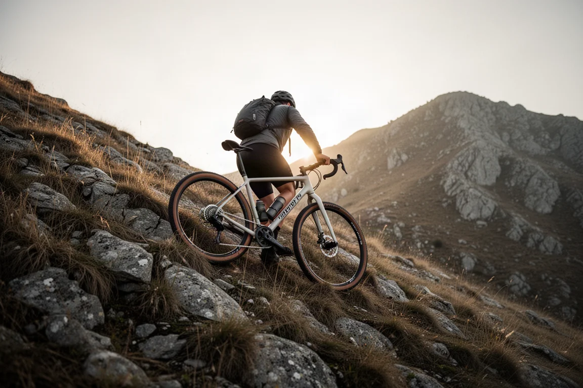 Cyclist carrying a light gravel bike up a steep rocky grassy incline in low sunlight