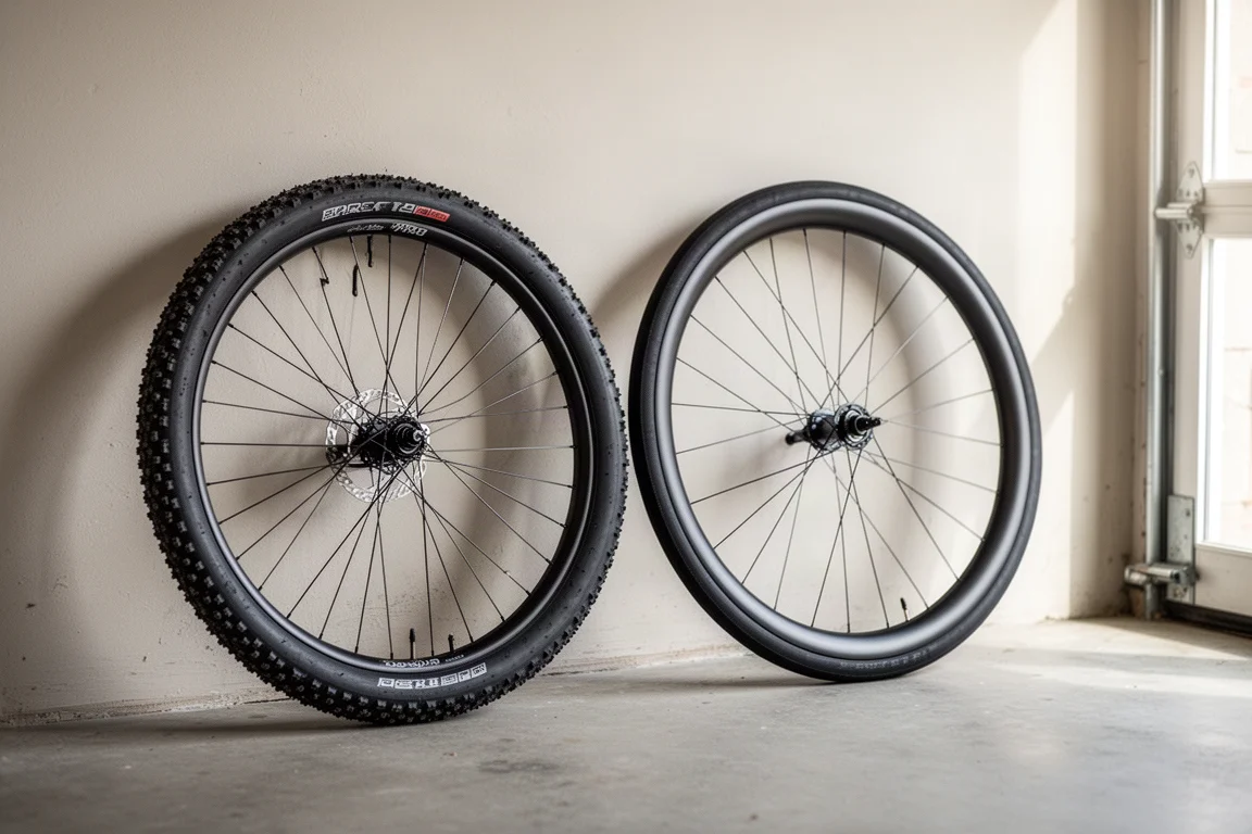 Two bicycle wheelsets leaning against a garage wall, one with gravel tires and one with slicks