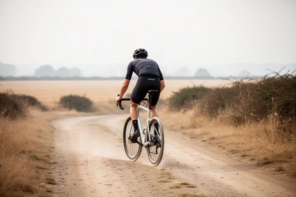 Grupo de ciclistas de gravel rodando por una amplia pista de gravel en un paisaje seco y abierto