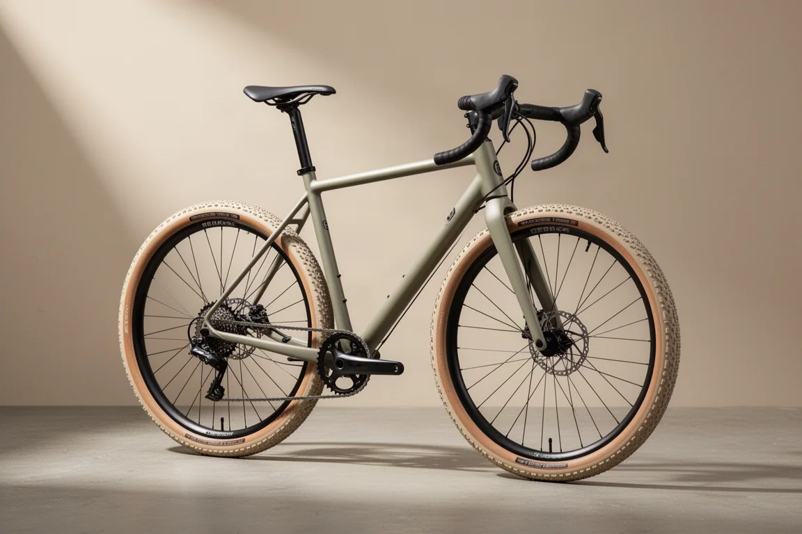 Lichtgewicht gravelbike gefotografeerd in driekwartaanzicht op een betonnen ondergrond