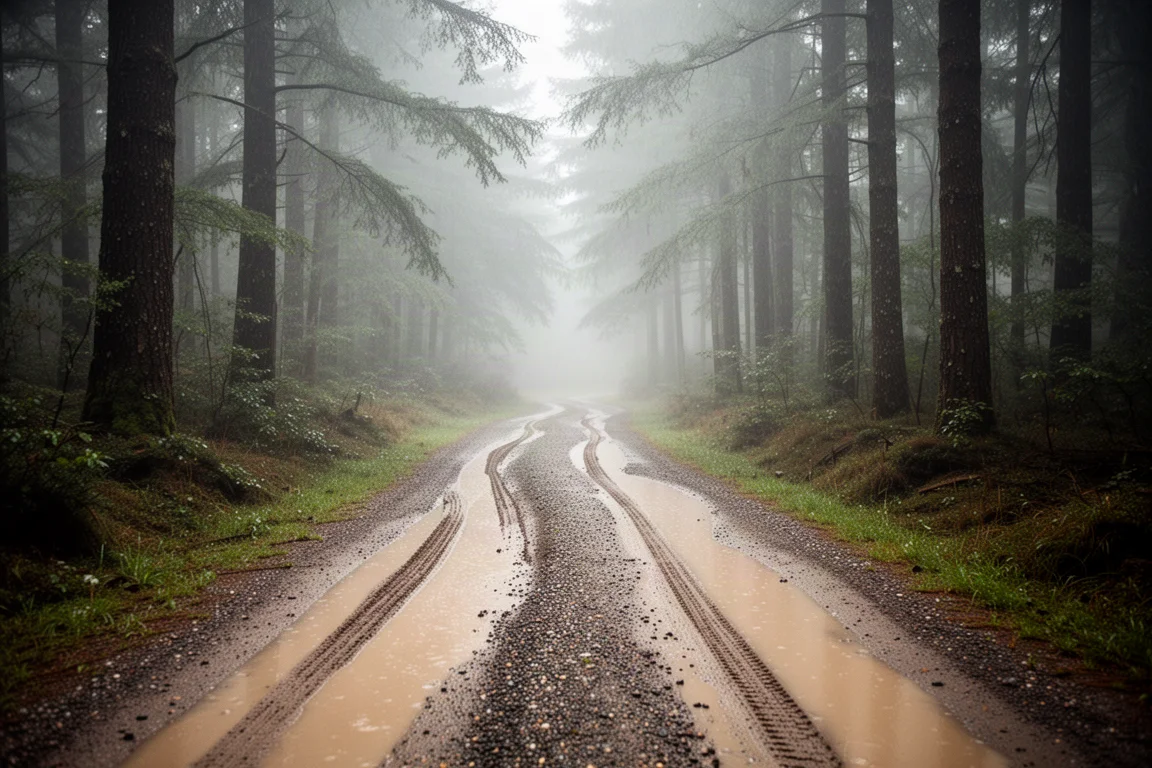 Sentiero forestale in gravel bagnato dalla pioggia, con tracce fresche di pneumatici e bassa nebbia mattutina