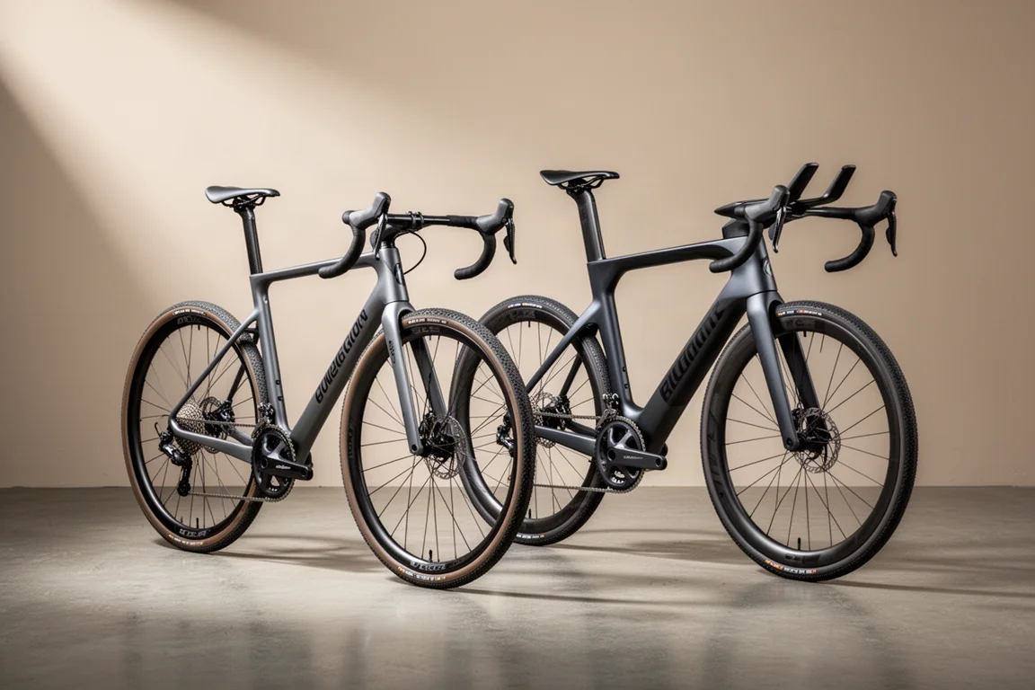 Twee premium gravelracefietsen naast elkaar op een betonnen studiovloer