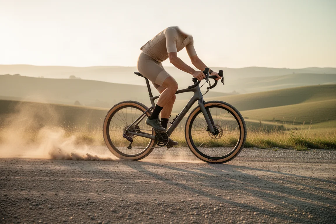 Gravelfietser op een carbon fiets op een wijde open zandweg tijdens het gouden uur